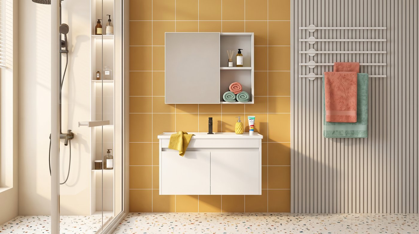 Pure White PVC Bathroom Vanity Cabinet Supplier with J-Pull Handle Design