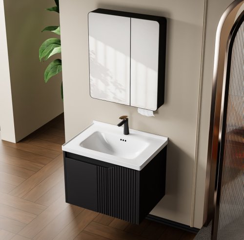 Black PVC Bathroom Vanity Cabinet Supplier with Fluted Panel and Smart Mirror
