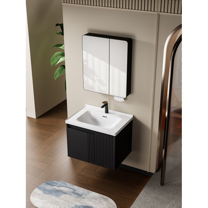 Black PVC Bathroom Vanity Cabinet Supplier with Fluted Panel and Smart Mirror