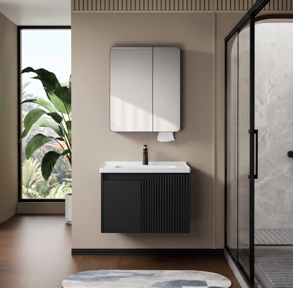 Black PVC Bathroom Vanity Cabinet Supplier with Fluted Panel and Smart Mirror