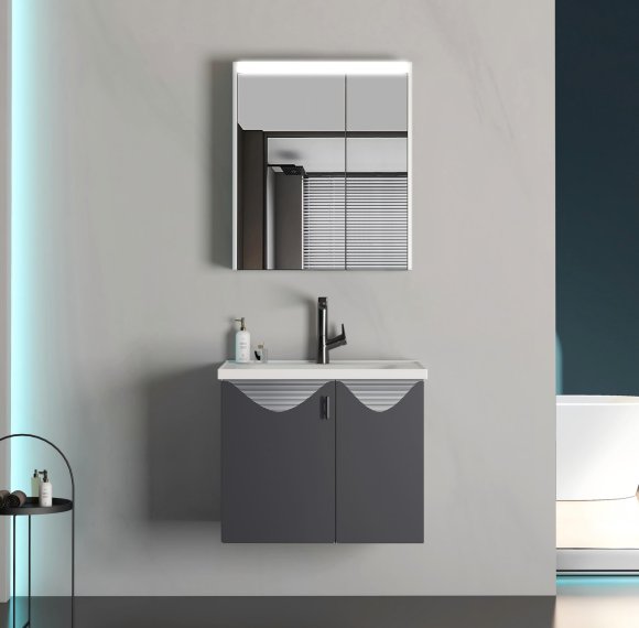 Grey Stainless Steel Bathroom Vanity Supplier with LED Sensor Mirror Cabinet