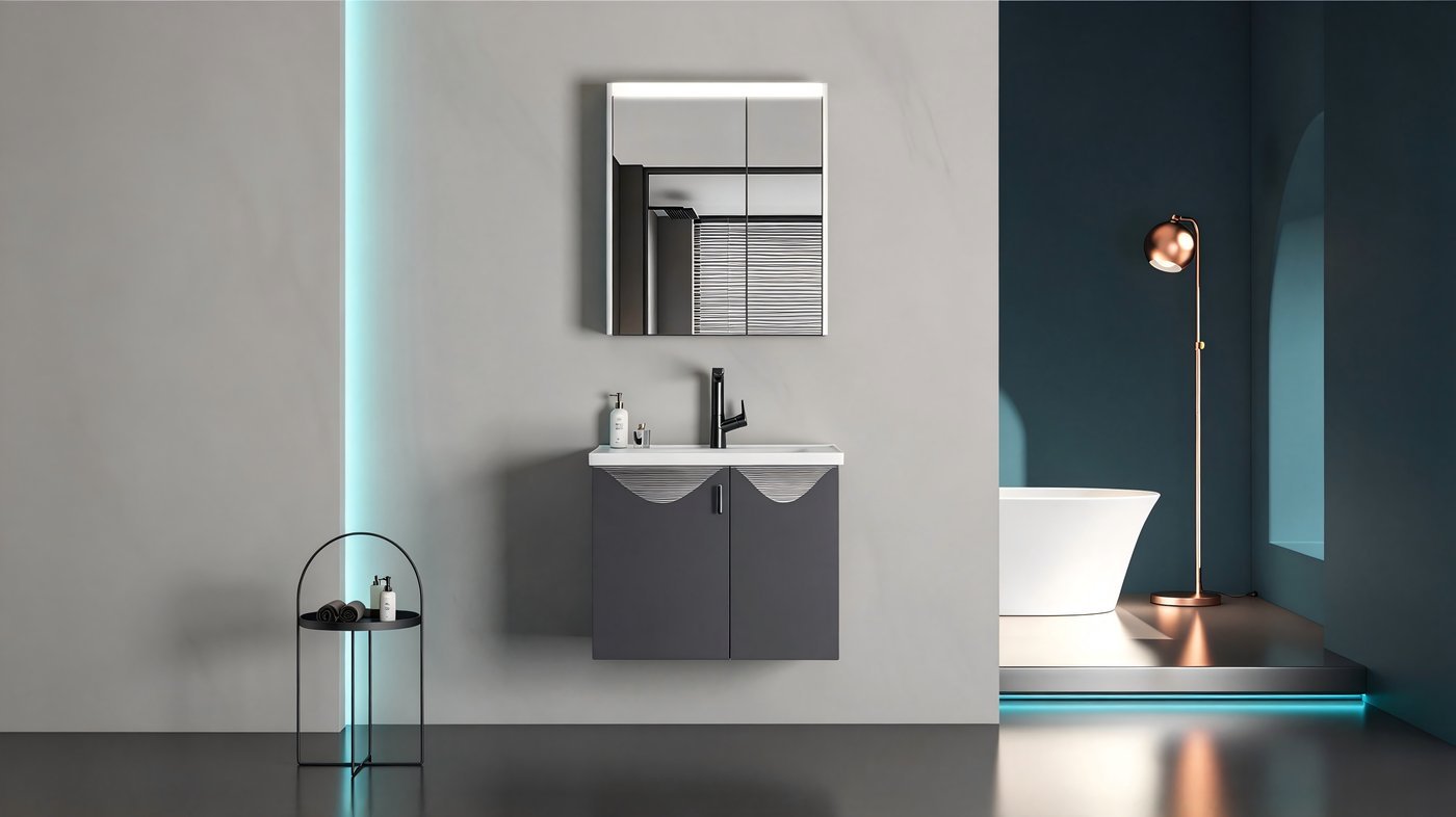 Grey Stainless Steel Bathroom Vanity Supplier with LED Sensor Mirror Cabinet