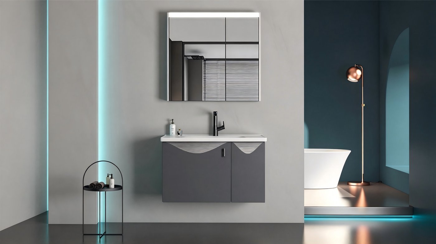 80cm Grey Stainless Steel Bathroom Vanity Cabinet Supplier with Spacious Countertop