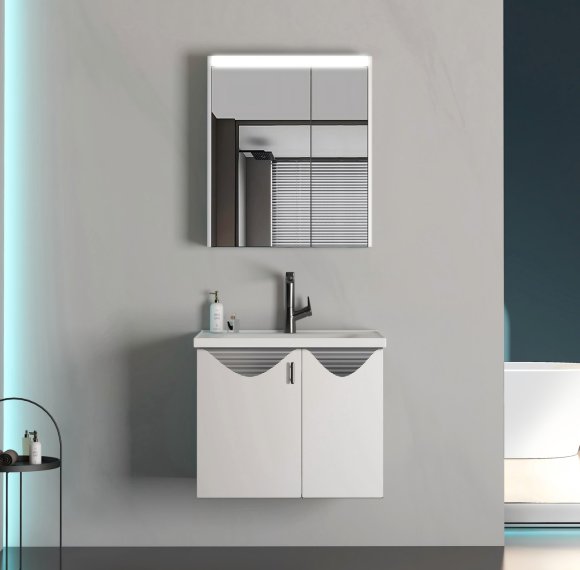 White Stainless Steel Bathroom Vanity Supplier with Black and White Wave Front Design
