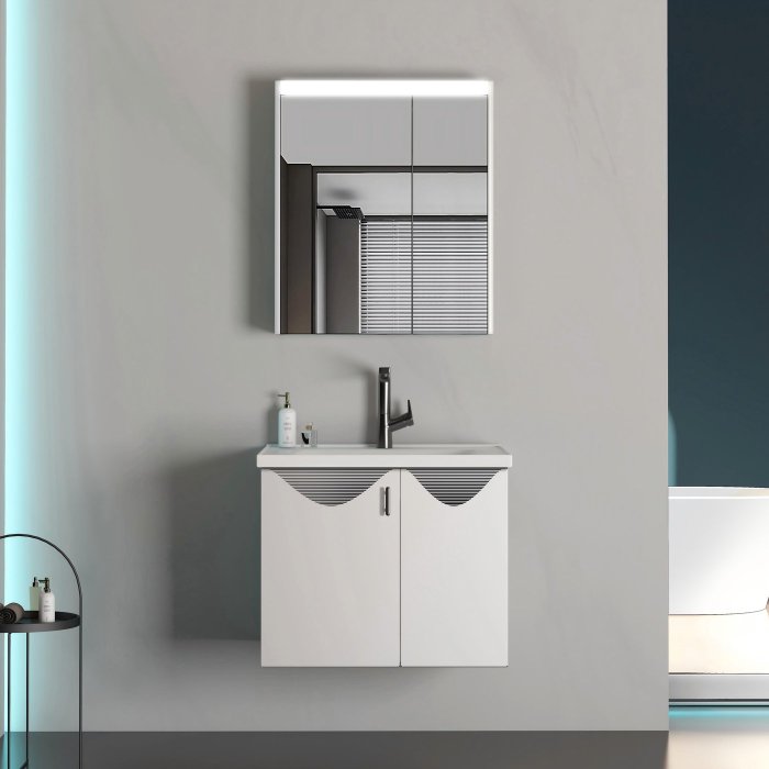 White Stainless Steel Bathroom Vanity Supplier with Black and White Wave Front Design