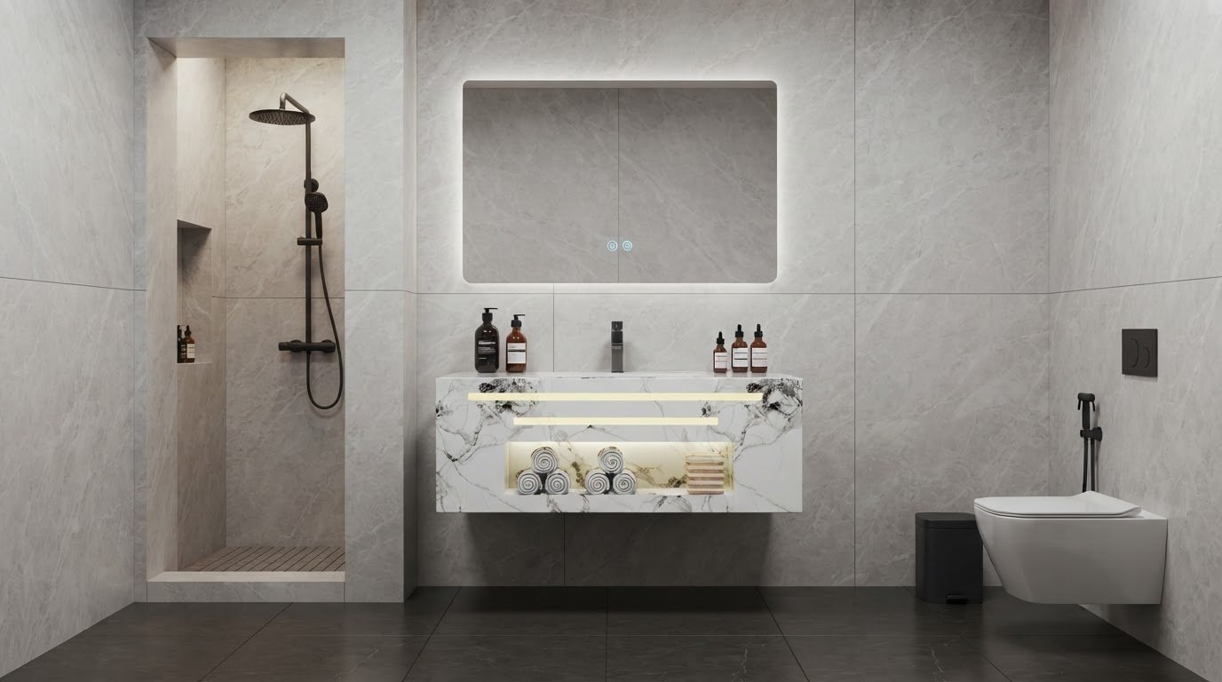 Luxury Sintered Stone Bathroom Vanity Supplier with Marble Veins and Smart LED Mirror