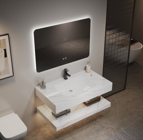 White Glossy Sintered Stone Bathroom Vanity Wholesale Supplier with Floating Layout