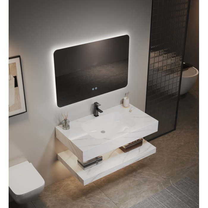 White Glossy Sintered Stone Bathroom Vanity Wholesale Supplier with Floating Layout