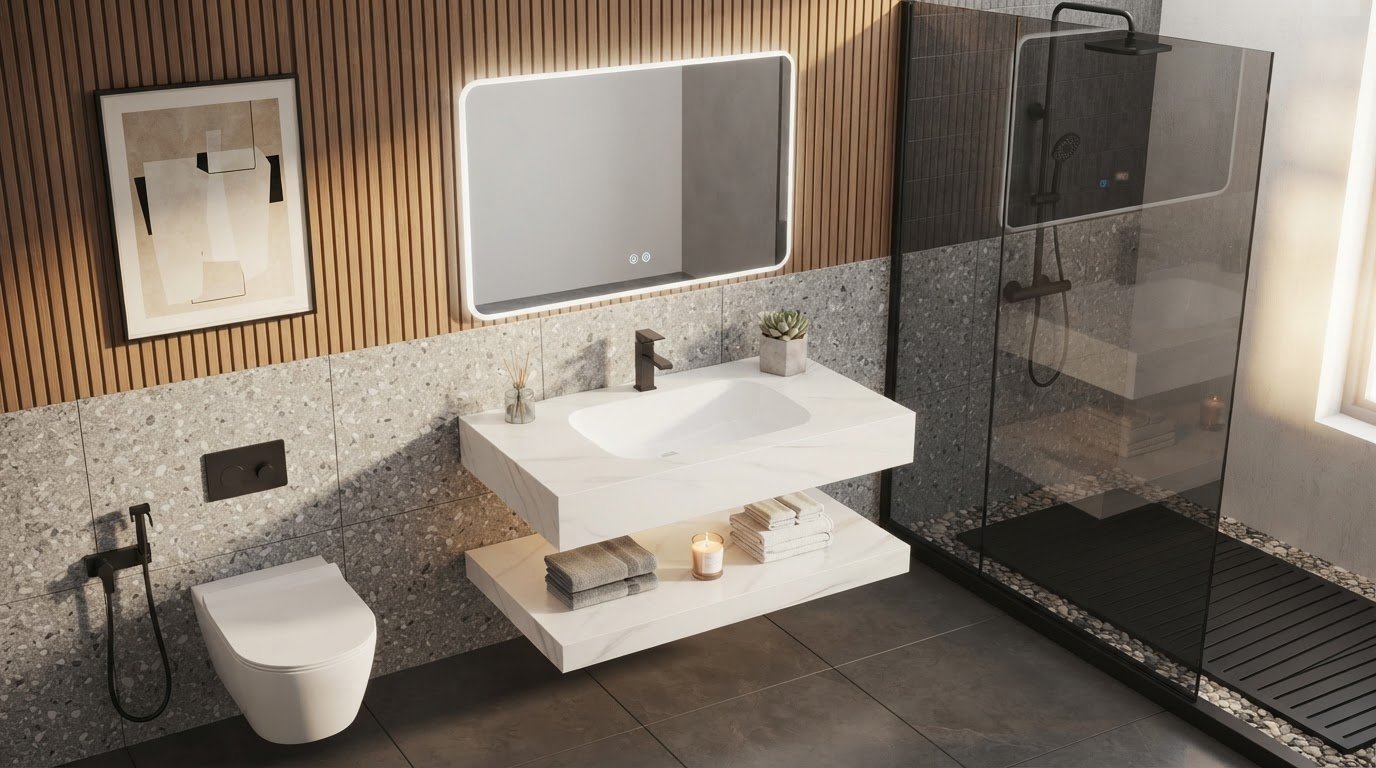 White Glossy Sintered Stone Bathroom Vanity Wholesale Supplier with Floating Layout