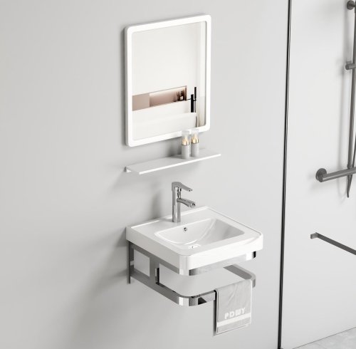Compact Aluminum Bathroom Vanity Supplier with Stainless Frame and Towel Bar