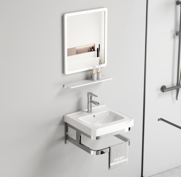 Compact Aluminum Bathroom Vanity Supplier with Stainless Frame and Towel Bar
