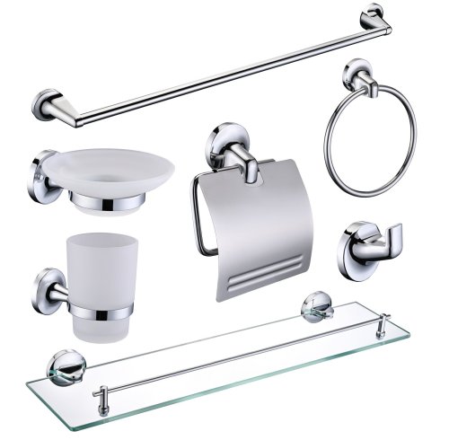 Chrome 7-Piece Bathroom Hardware Set Supplier with Towel Bar and Glass Shelf