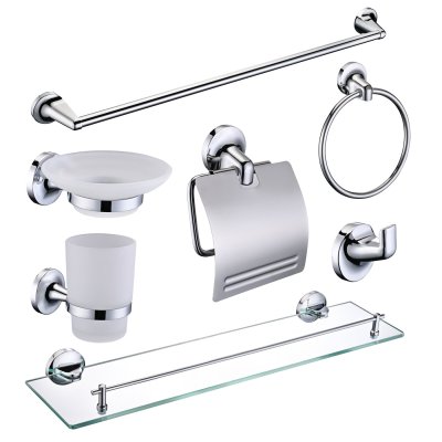 Chrome 7-Piece Bathroom Hardware Set Supplier with Towel Bar and Glass Shelf