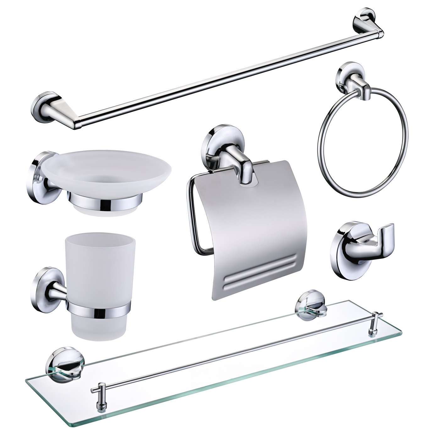 Chrome 7-Piece Bathroom Hardware Set Supplier with Towel Bar and Glass Shelf
