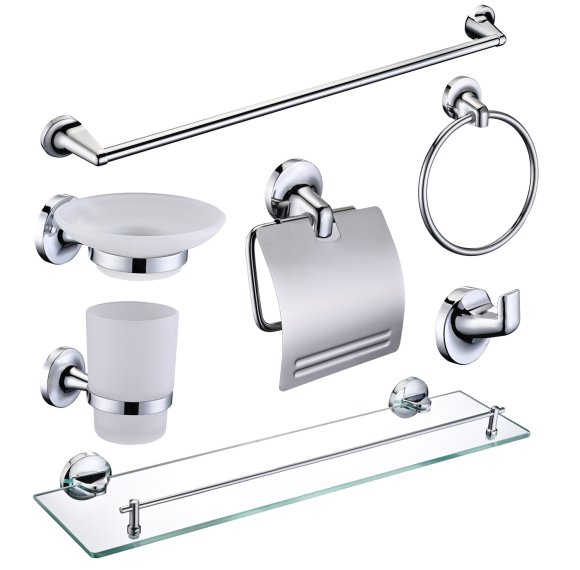 Chrome 7-Piece Bathroom Hardware Set Supplier with Towel Bar and Glass Shelf