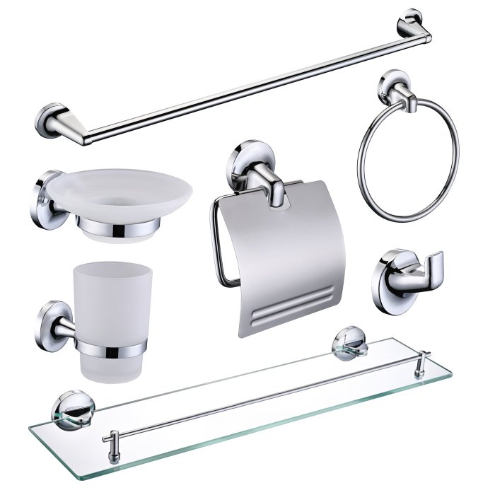 Chrome 7-Piece Bathroom Hardware Set Supplier with Towel Bar and Glass Shelf