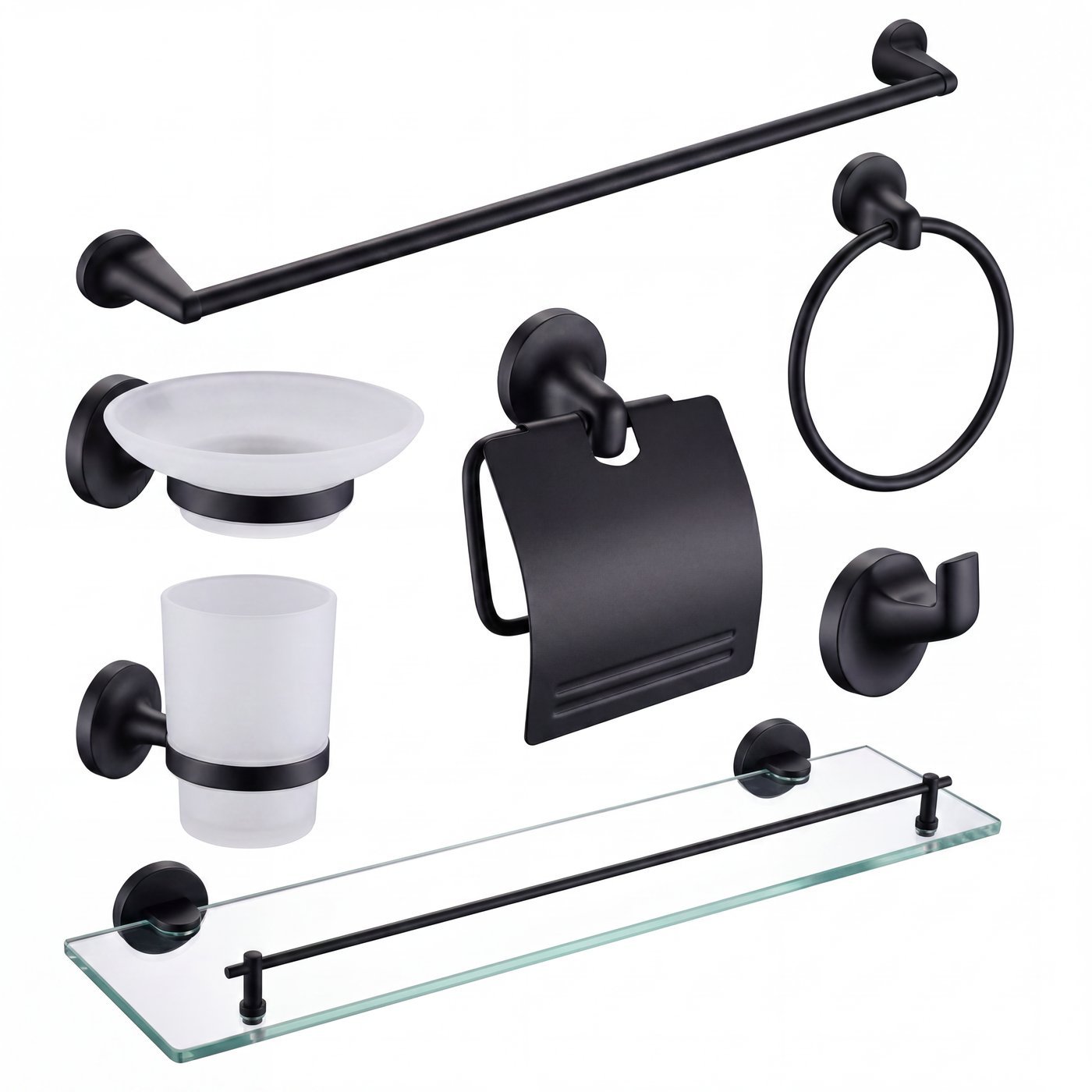 Matte Black 7-Piece Bathroom Hardware Set Supplier with Towel Ring and Shelf