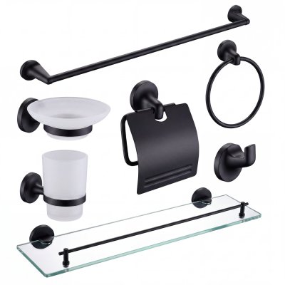 Matte Black 7-Piece Bathroom Hardware Set Supplier with Towel Ring and Shelf