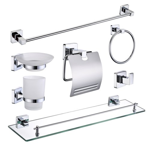 Chrome Square-Profile Bathroom Hardware Set Supplier with Towel Bar and Glass Shelf