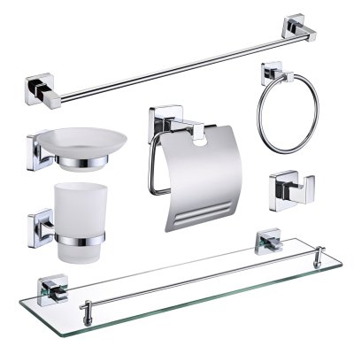 Chrome Square-Profile Bathroom Hardware Set Supplier with Towel Bar and Glass Shelf