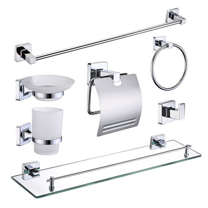 Chrome Square-Profile Bathroom Hardware Set Supplier with Towel Bar and Glass Shelf