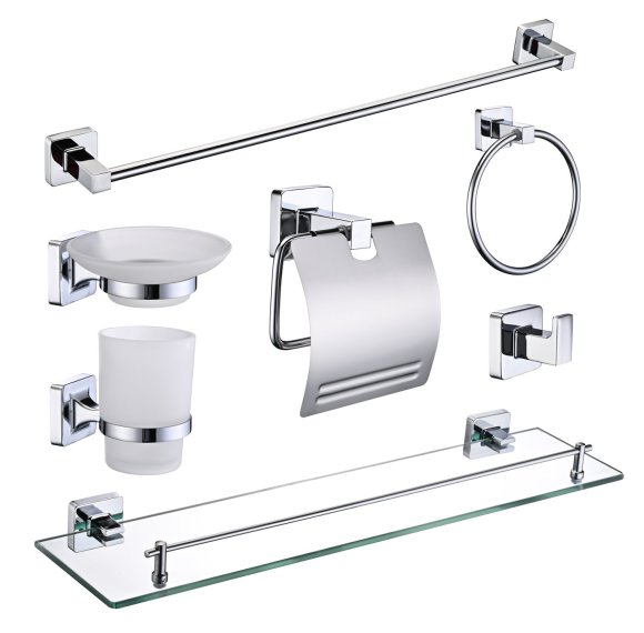 Chrome Square-Profile Bathroom Hardware Set Supplier with Towel Bar and Glass Shelf