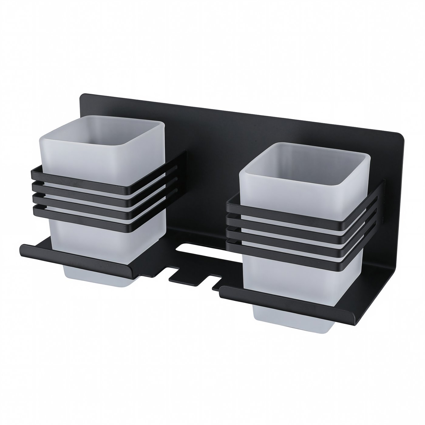 Matte Black Dual Toothbrush Holder Supplier with Two Frosted Glass Tumblers