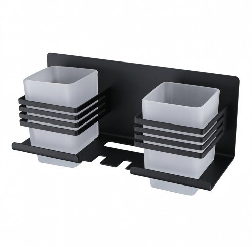 Matte Black Dual Toothbrush Holder Supplier with Two Frosted Glass Tumblers
