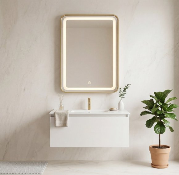Gold Aluminum Frame LED Bathroom Mirror Supplier with Frosted Ring Dimming