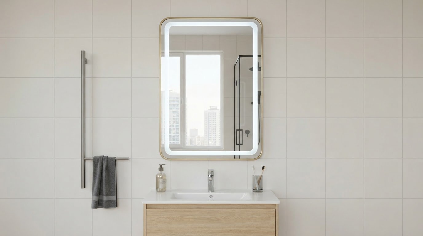 Gold Aluminum Frame LED Bathroom Mirror Supplier with Frosted Ring Dimming