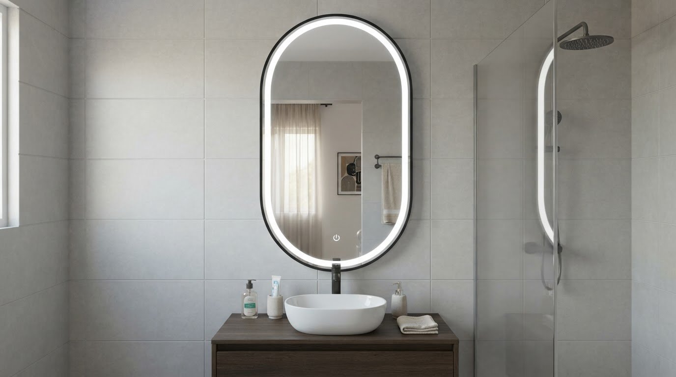Matte Black Oval LED Bathroom Mirror Supplier for Hotel and Villa Projects