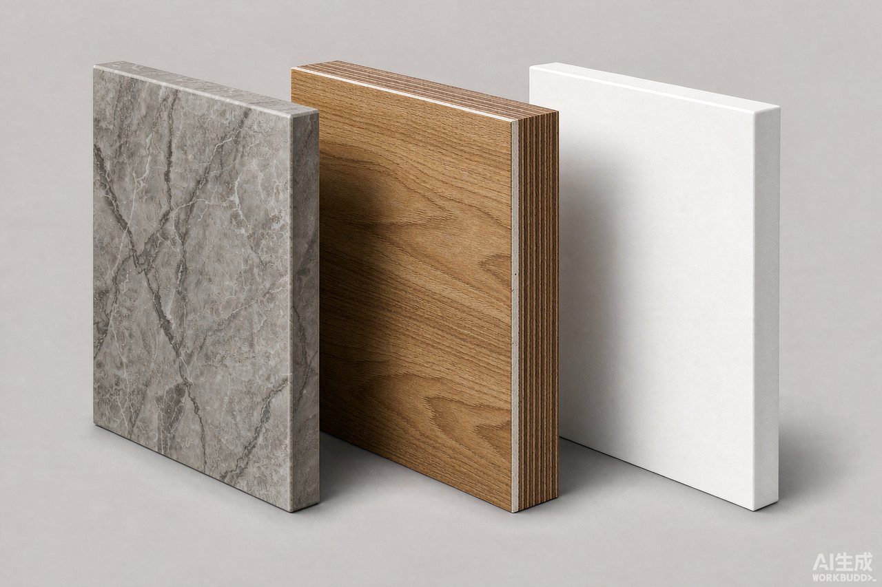 Three bathroom vanity material samples: sintered stone, multi-layer wood and PVC