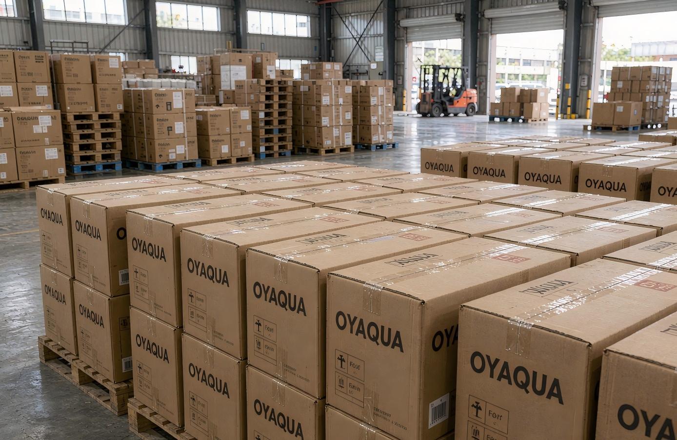 A distributor's warehouse stacked high with OYAQUA cartons.