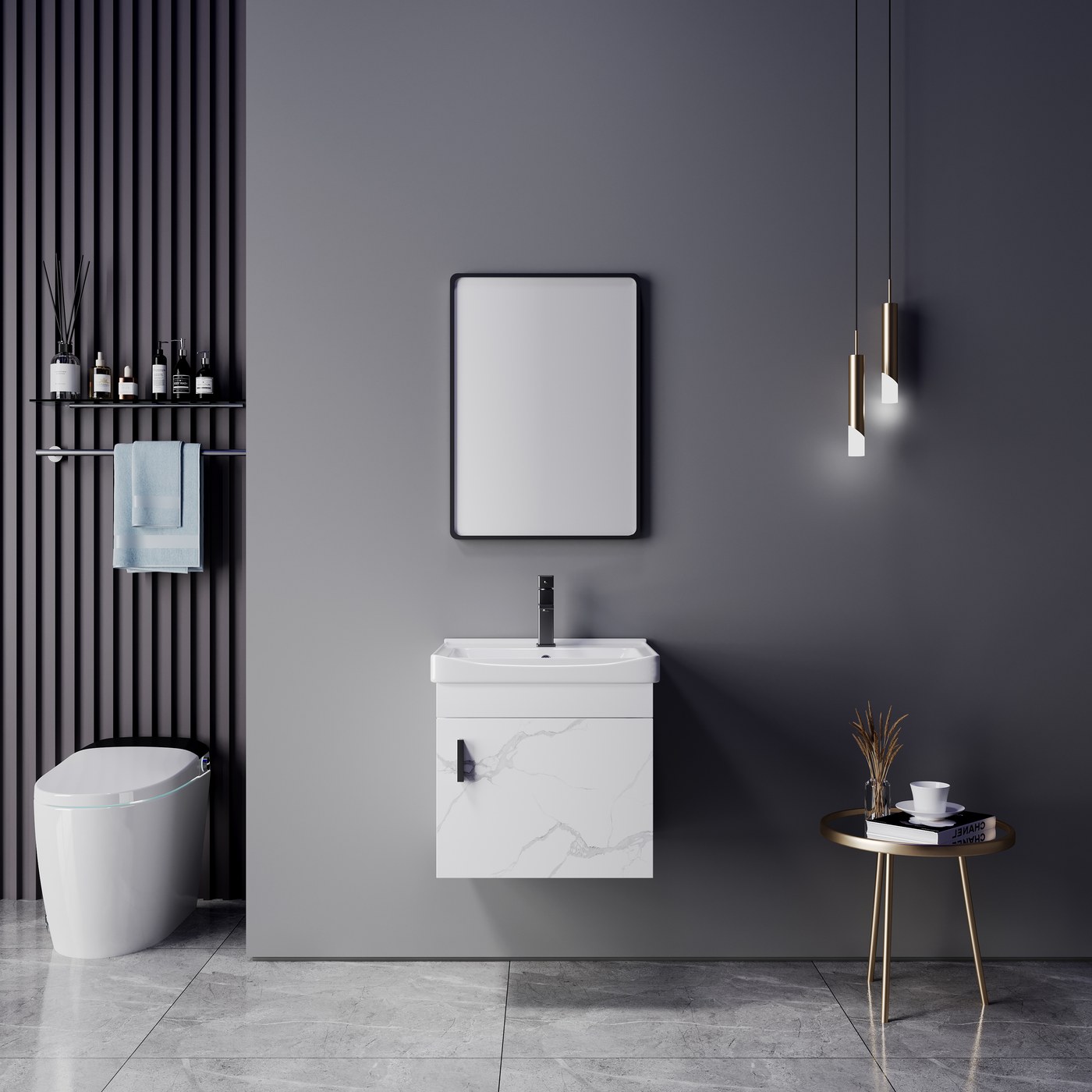 OYAQUA CB-1501-50 compact 500 mm multi-layer solid wood bathroom vanity in a tiled bathroom