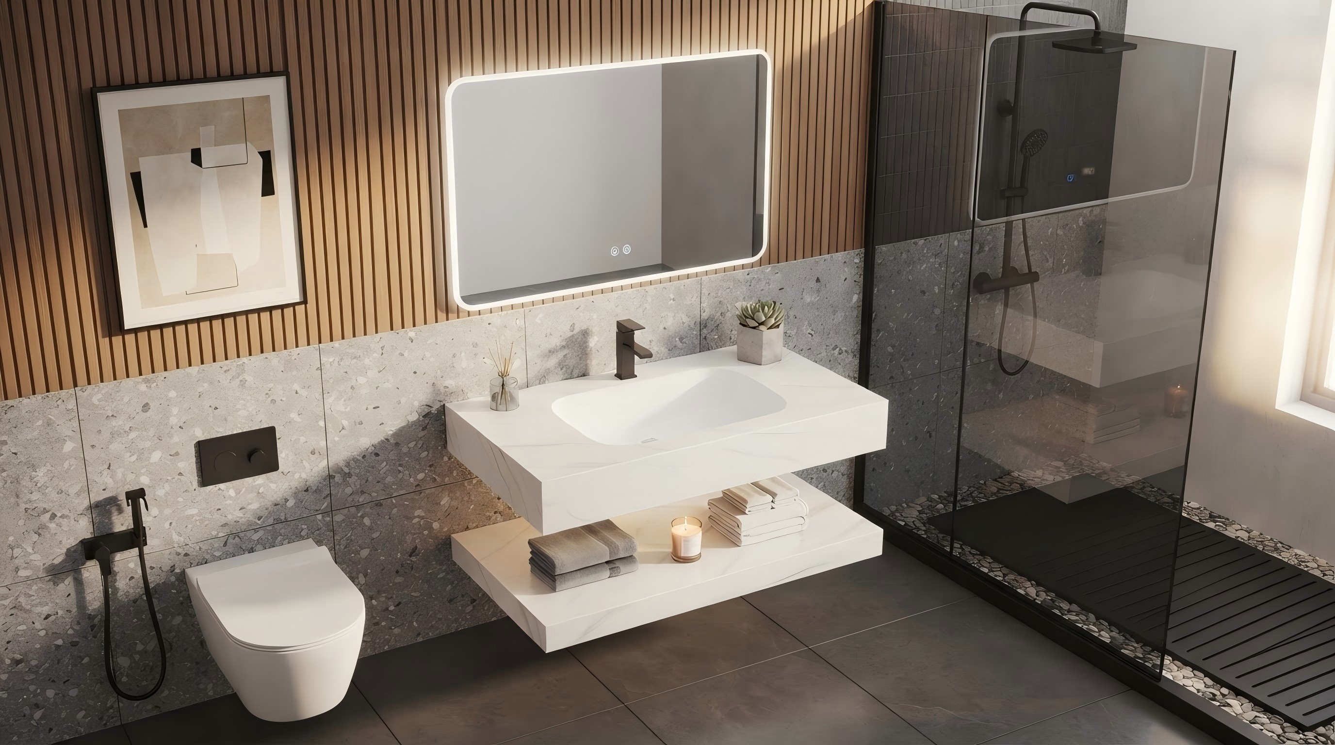 OYAQUA CB-3008-80 800 mm sintered stone vanity with wall-mounted mirror and storage