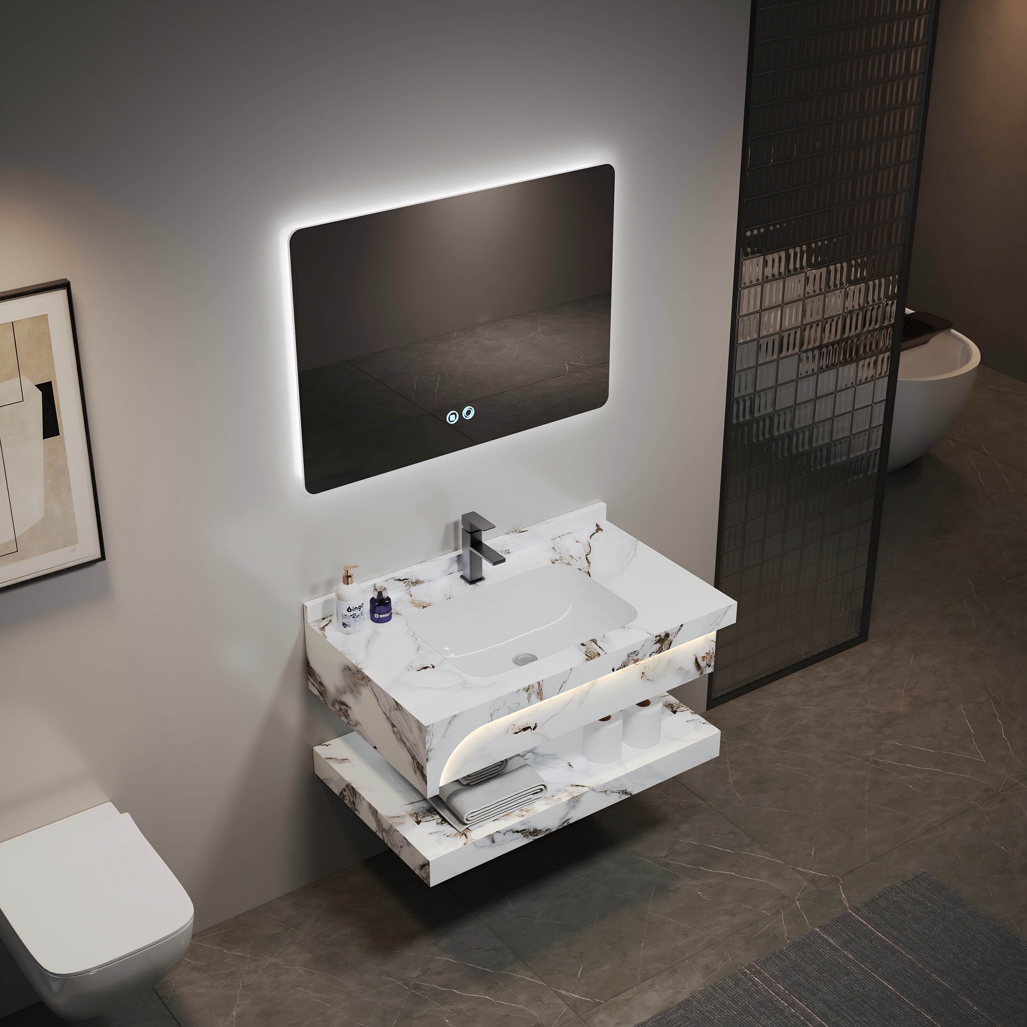 OYAQUA CB-3002-80 sintered stone bathroom vanity installed in a modern bathroom with a large mirror cabinet