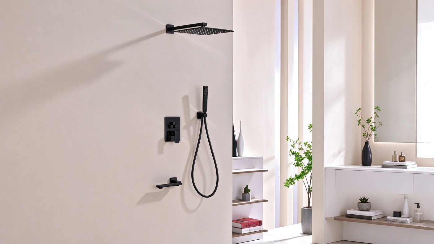 OYAQUA CS-915K matte black concealed shower set with overhead head, hand shower and swivel spout