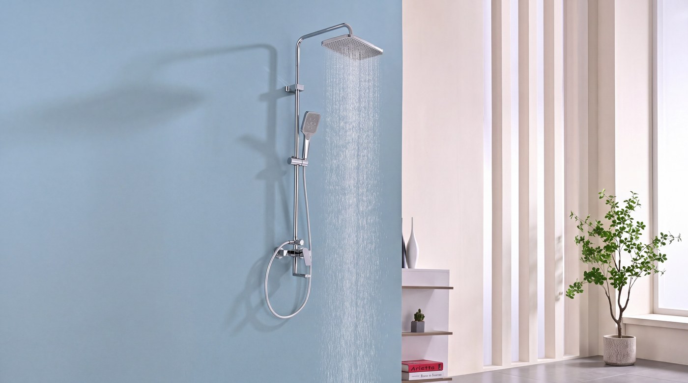 OYAQUA SH-825C chrome exposed shower set installed in a walk-in shower enclosure