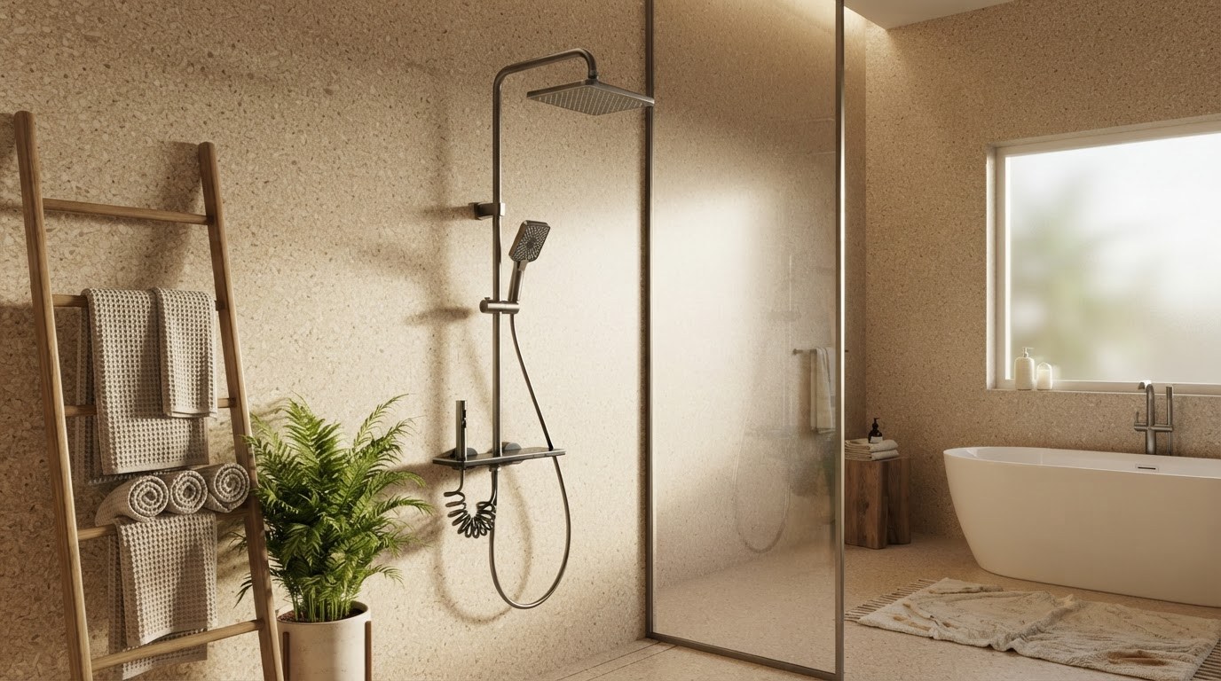 OYAQUA SH-839H gun grey thermostatic shower set with LED starry-sky illuminated shelf body