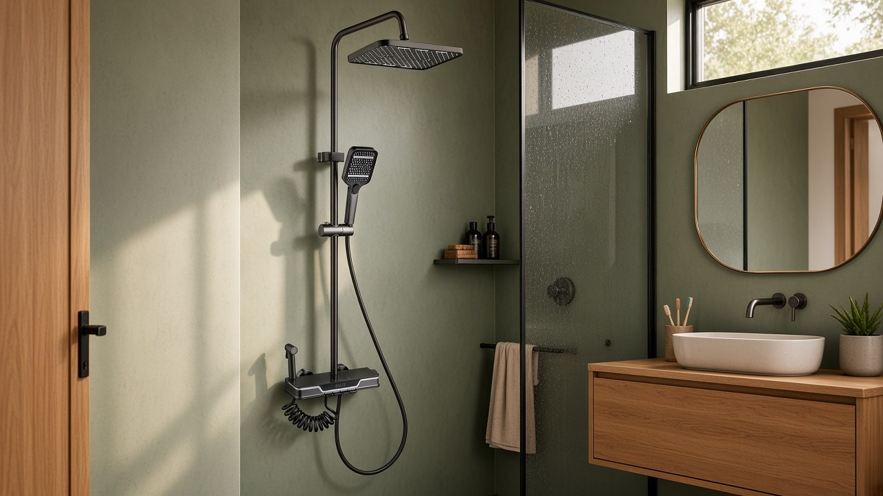 OYAQUA SH-841H gun grey thermostatic shower set with LED temperature display and spray gun