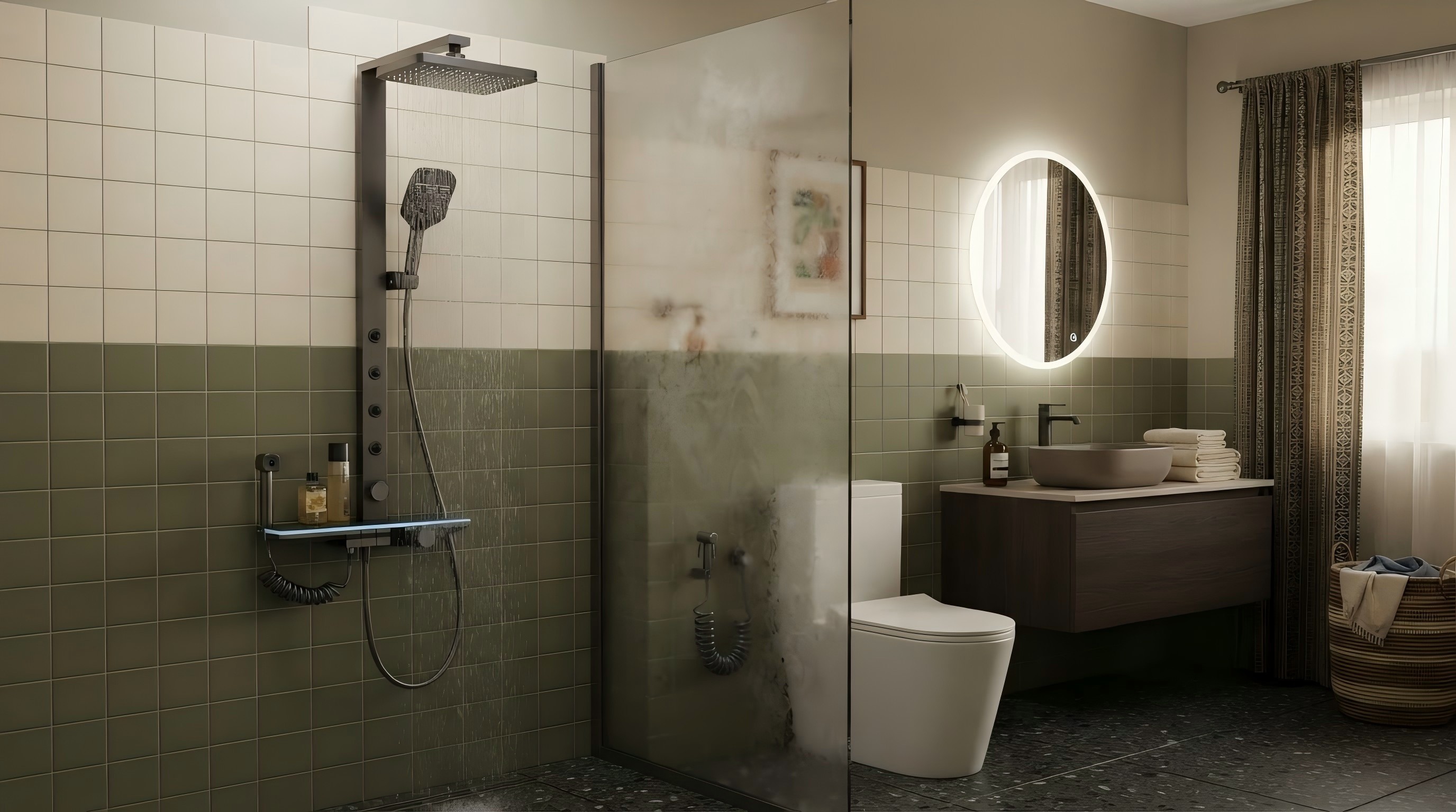 OYAQUA SH-834H gun grey thermostatic piano-key shower set with LED display, body jets and spray gun