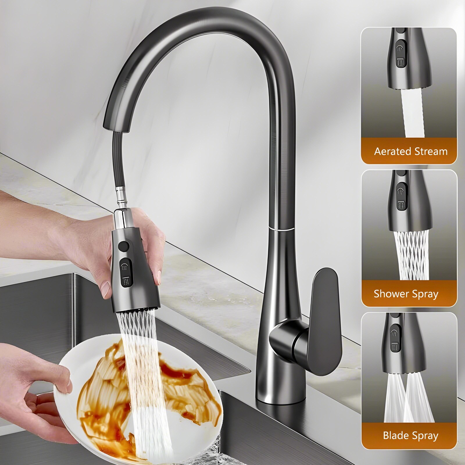 OYAQUA KM-616H gun grey kitchen mixer with pull-out spray head