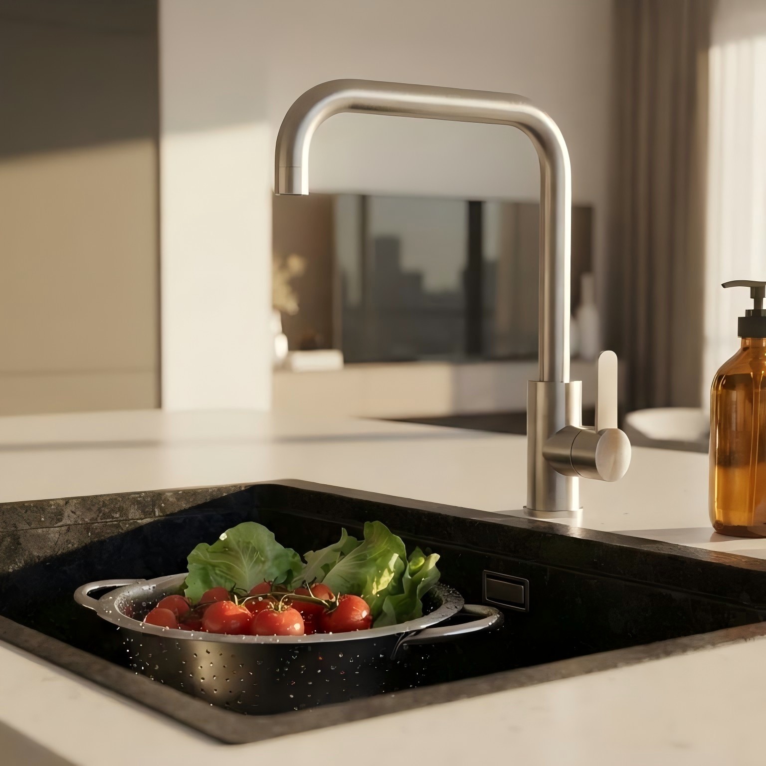 OYAQUA KM-603N brushed stainless kitchen mixer tap over a sink