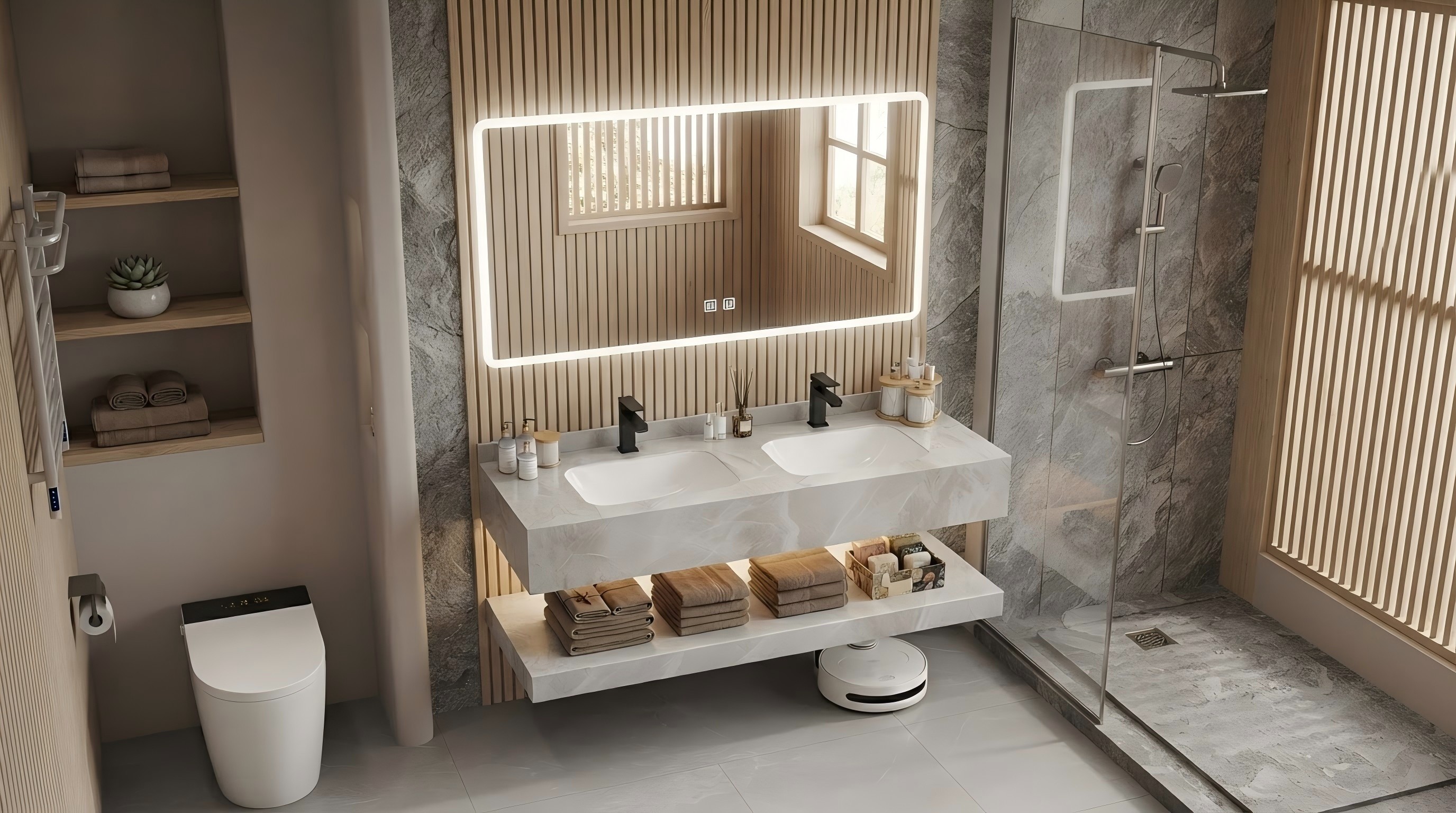 Modern bathroom with a floating vanity cabinet and sintered stone countertop