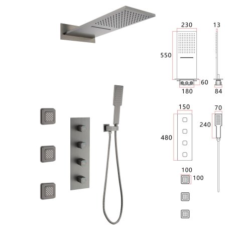 Grey 4 Way Concealed Shower System Supplier with 550mm Dual Mode Head