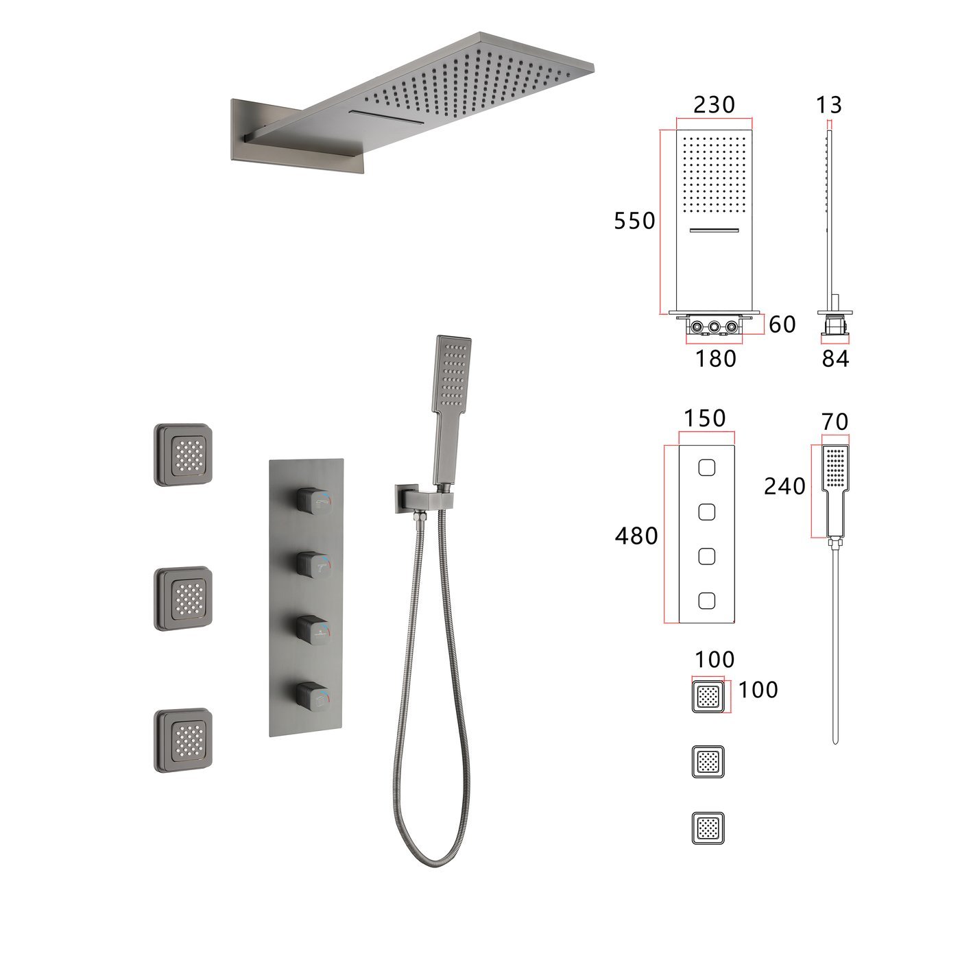 Grey 4 Way Concealed Shower System Supplier with 550mm Dual Mode Head