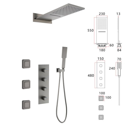 Grey 4 Way Concealed Shower System Supplier with 550mm Dual Mode Head
