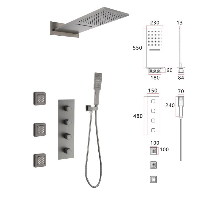 Grey 4 Way Concealed Shower System Supplier with 550mm Dual Mode Head