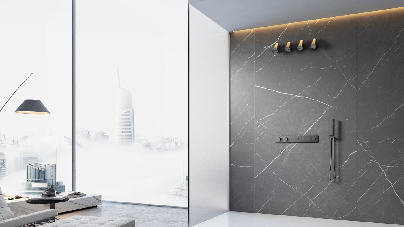 Grey 5 Way Concealed Shower System Supplier with Four Spray Mode Head
