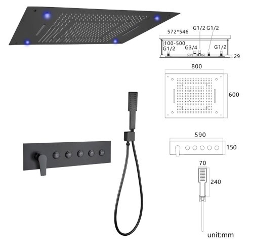 Matte Black 5 Way Ceiling Shower System Supplier with 800x600mm LED Head